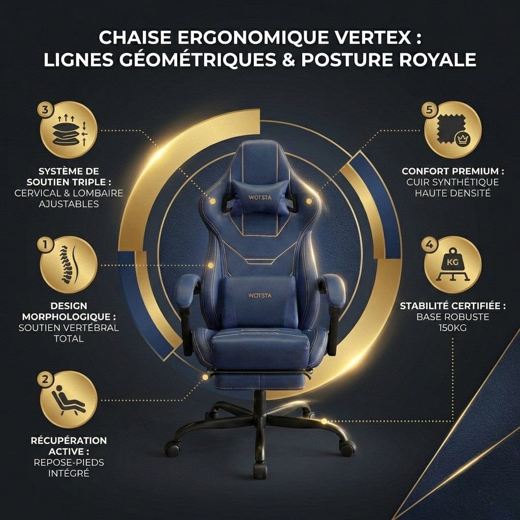 Infographie complète de la chaise VERTEX présentant le soutien lombaire, le design morphologique et le cuir haute densité.