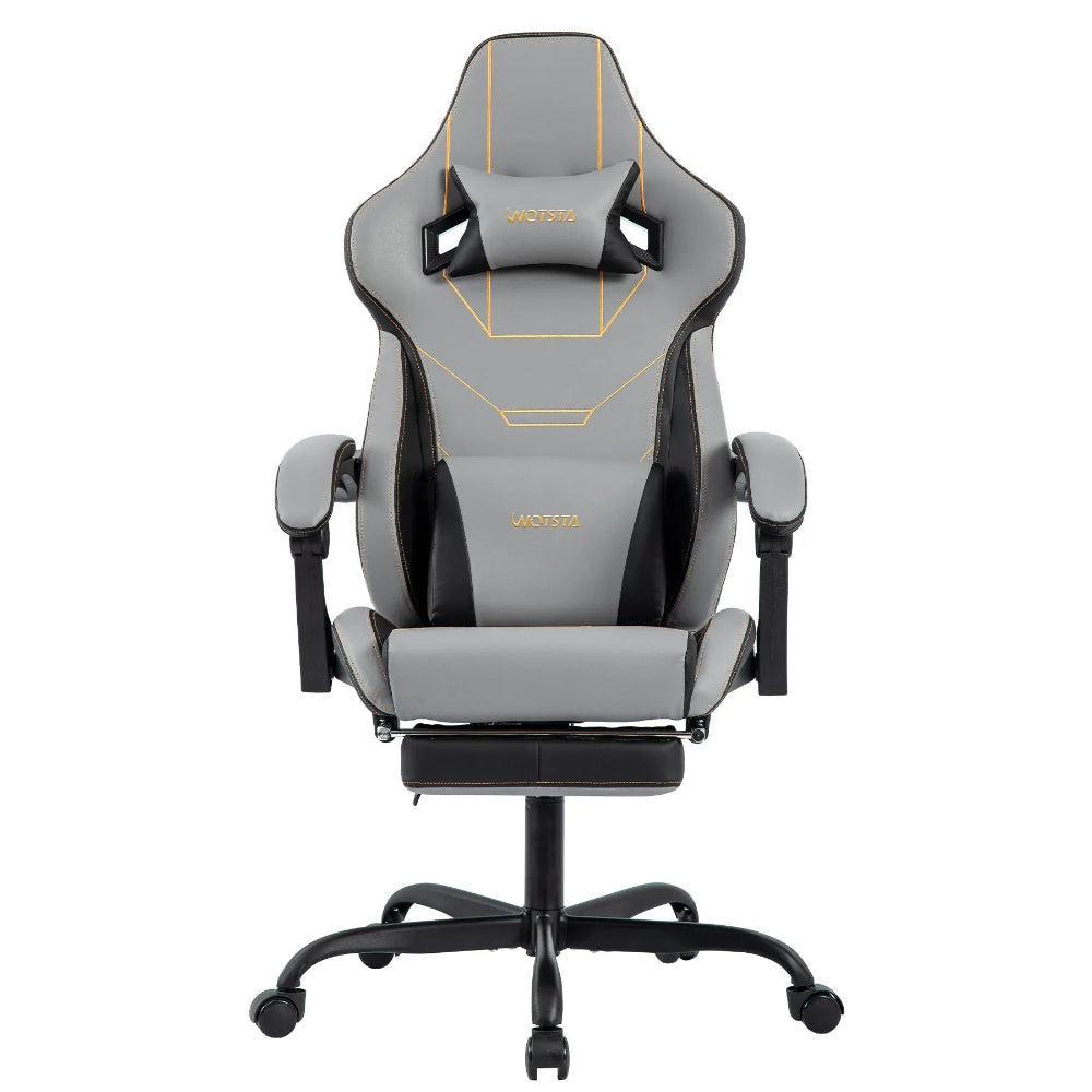 Chaise ergonomique VERTEX grise avec lignes géométriques dorées et repose-pieds.