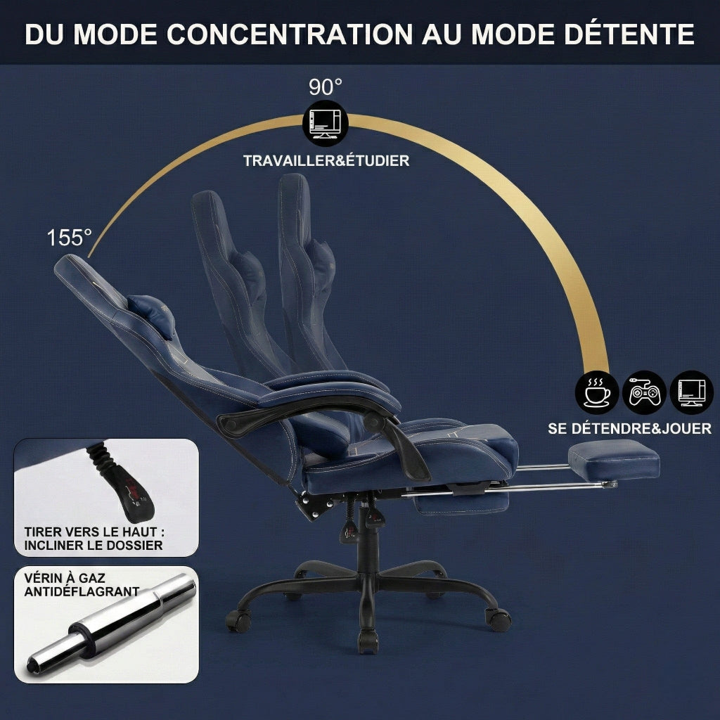Schéma d'inclinaison de la chaise VERTEX passant du mode travail (90°) au mode détente (155°).