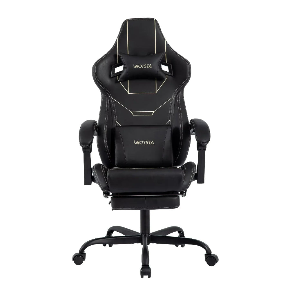 Chaise ergonomique VERTEX noire, lignes géométriques blanches et coussin lombaire inclus.