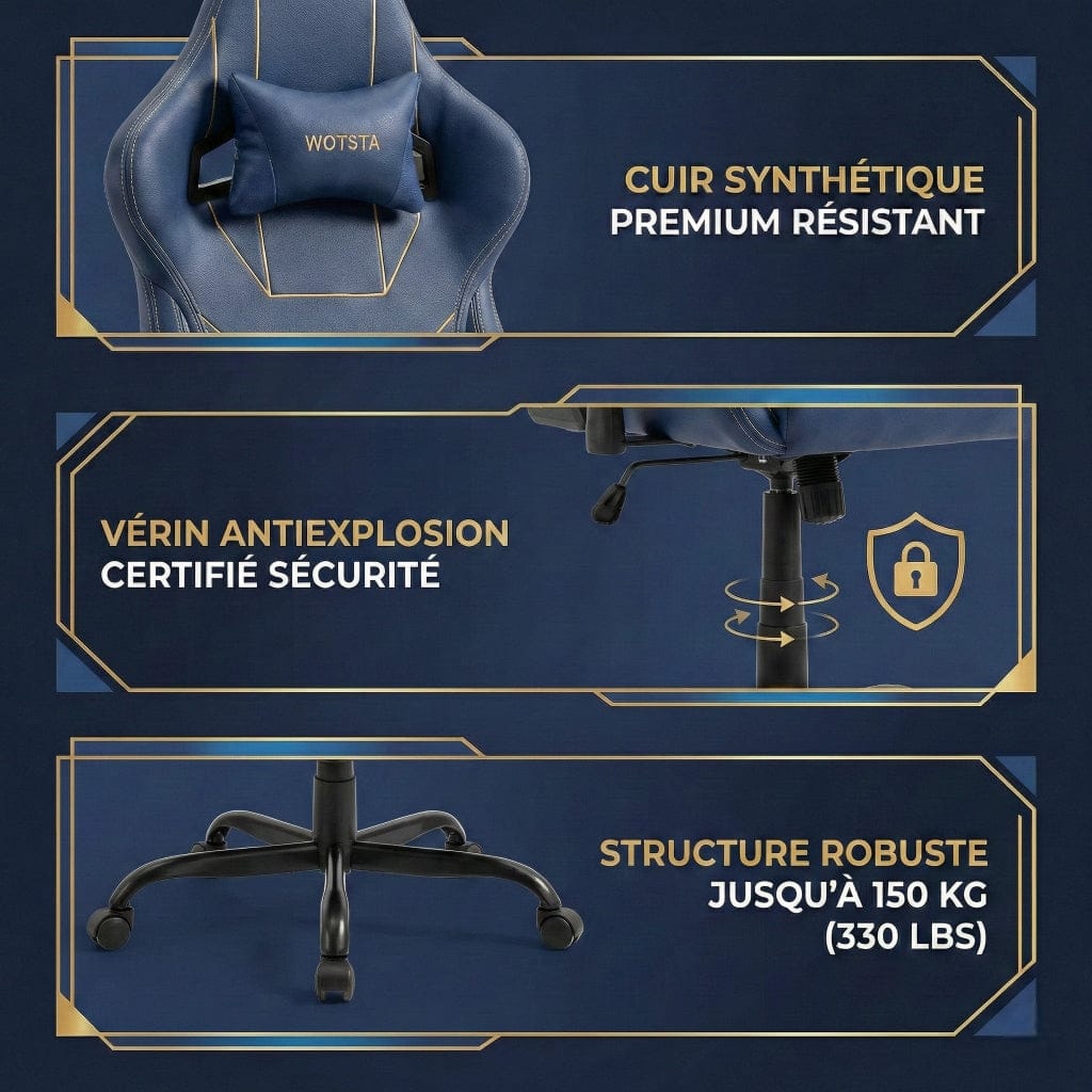 Détails techniques de la chaise VERTEX : cuir premium, vérin certifié et base robuste supportant 150kg.