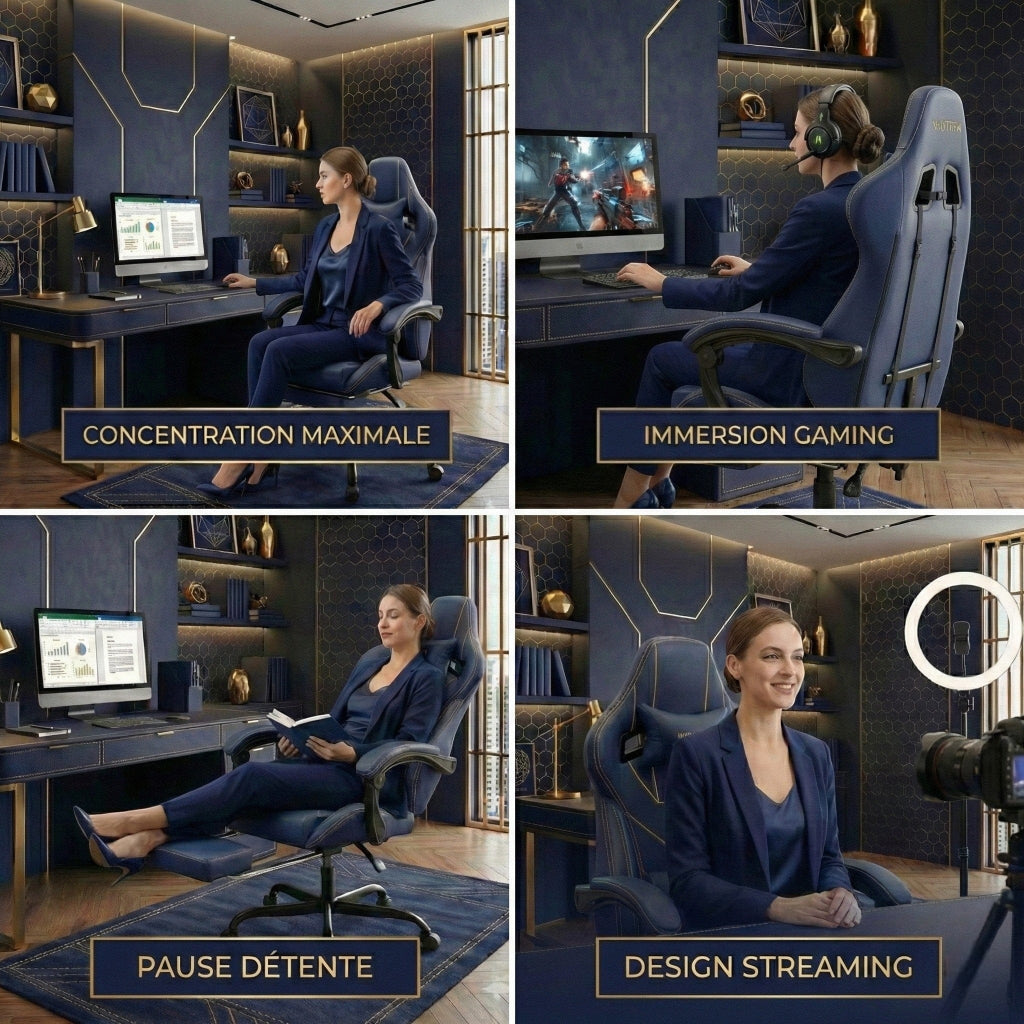 Quatre scénarios d'utilisation de la chaise VERTEX : concentration, gaming, détente et streaming.