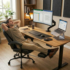 Homme utilisant le repose-pieds escamotable de la chaise gaming SYMINO en position inclinée pour une pause détente.