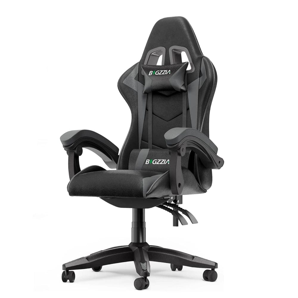 Chaise ergonomique de bureau gaming noir et gris avec support lombaire et appui-tête réglable.