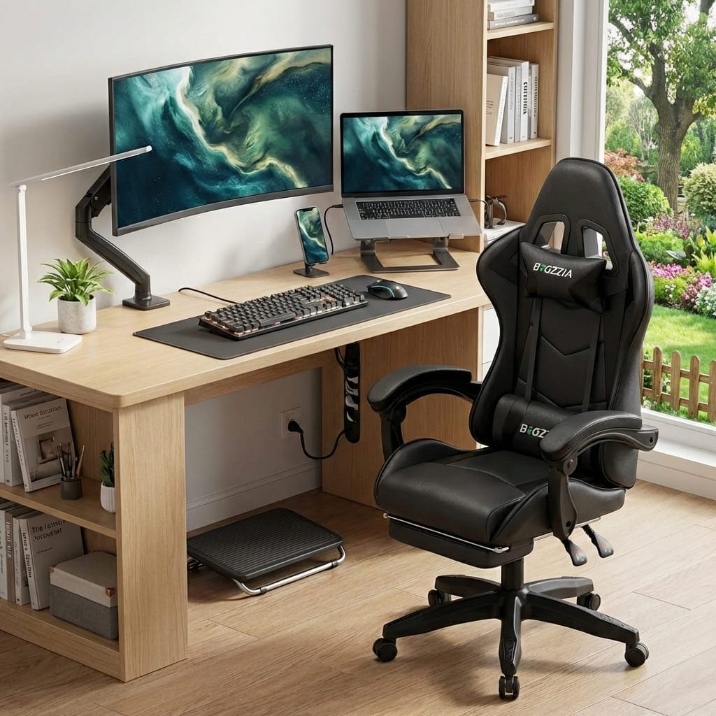 Chaise ergonomique de bureau gaming noire installée dans un espace de travail moderne et lumineux.
