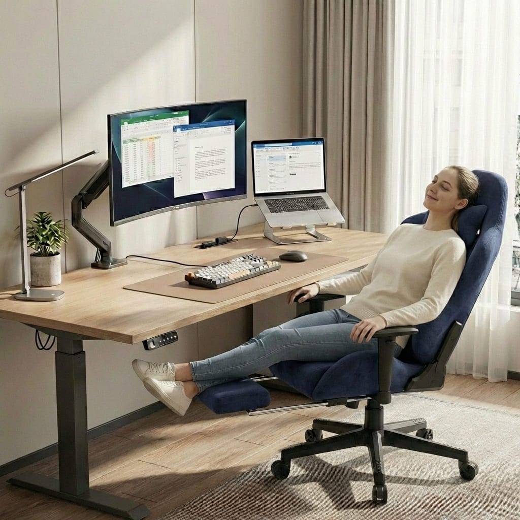 Femme en pleine détente dans la chaise gaming ergonomique bleue, inclinée à 150° avec le repose-pieds étendu dans un bureau moderne.