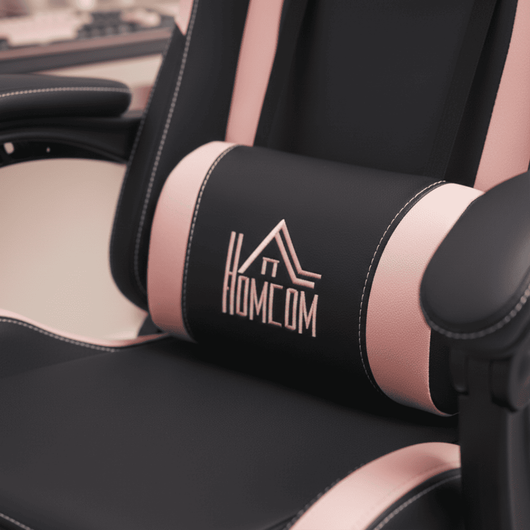 Gros plan sur le coussin lombaire réglable rose et noir de la chaise ergonomique avec logo Homcom.