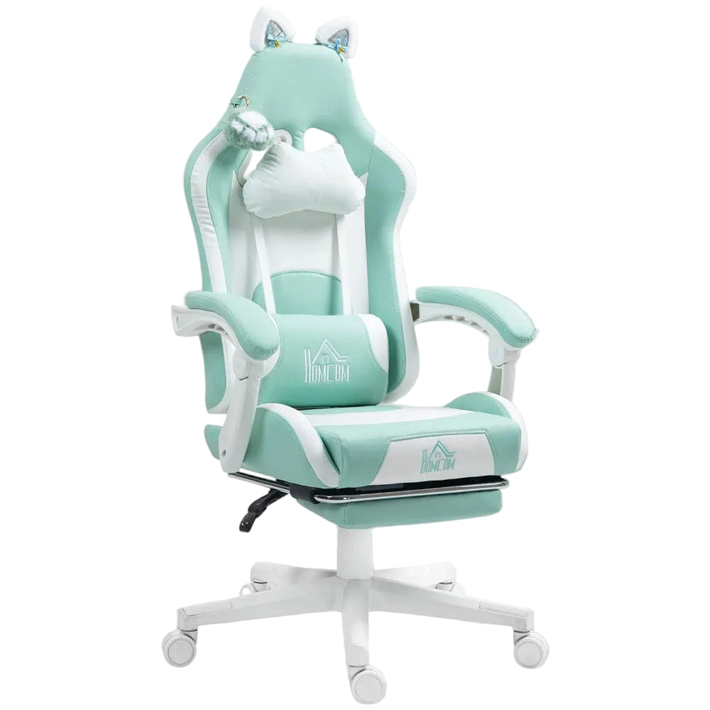 Chaise ergonomique gaming design chat couleur vert menthe et blanc avec oreilles de chat et repose-pieds rétractable.