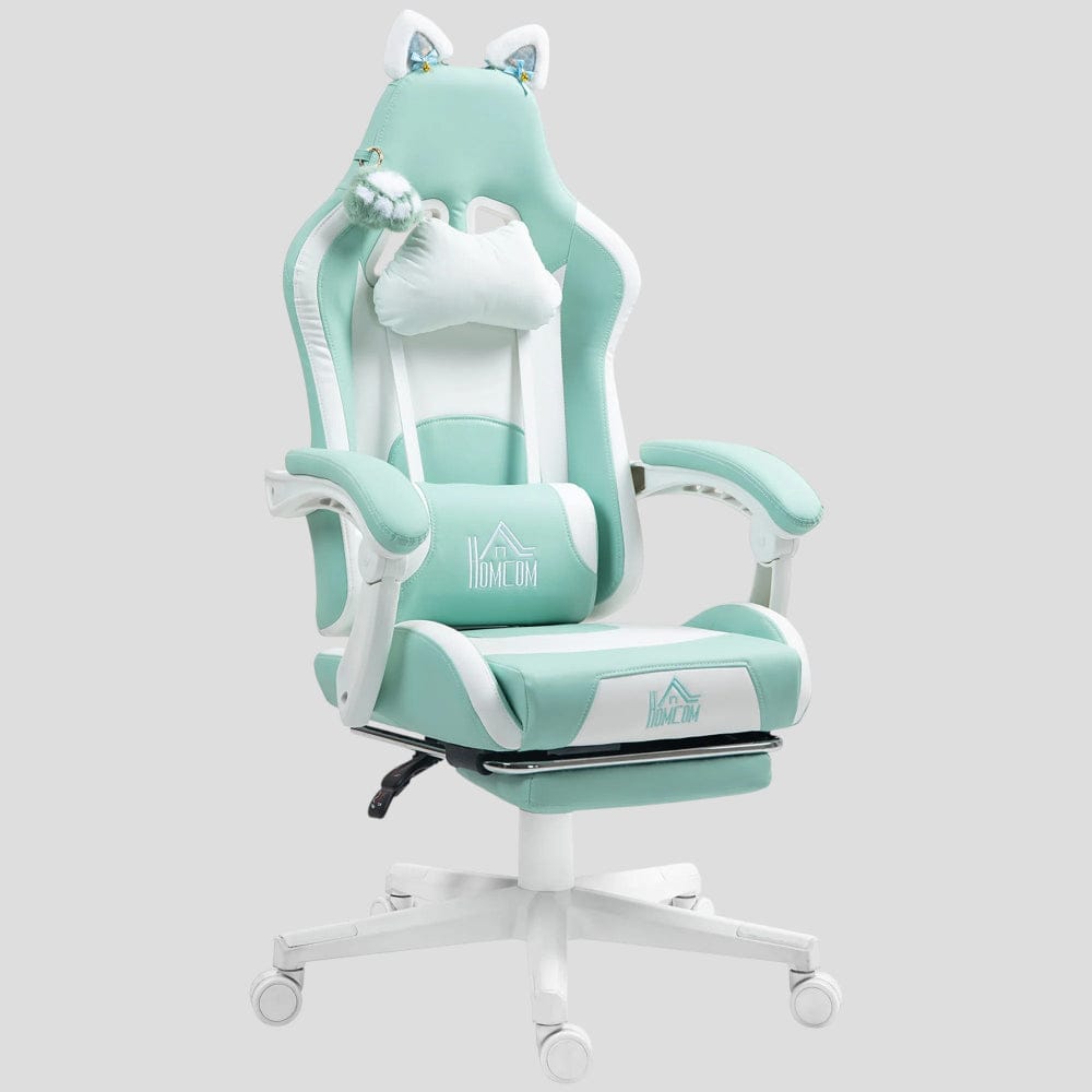 Chaise ergonomique gaming design chat couleur vert menthe et blanc avec oreilles de chat et repose-pieds rétractable.