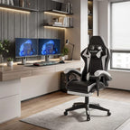 Chaise gaming ergonomique style siège baquet avec coussins de support lombaire et appui-tête dans un bureau.