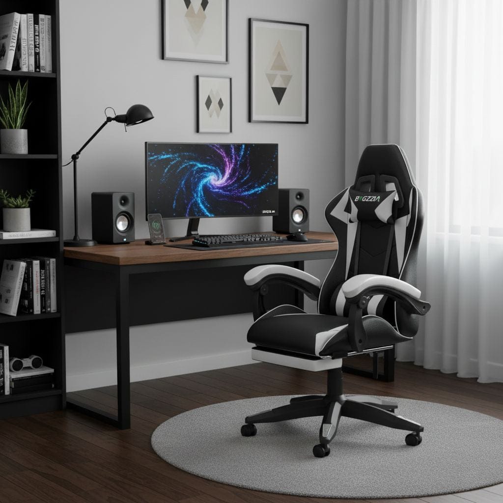 Chaise Gaming Ergonomique avec Repose-Pieds Rétractable - Dossier Inclinable 90-155° - Support Lombaire