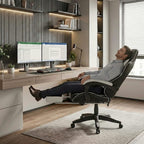Homme se relaxant sur une chaise gaming ergonomique avec dossier incliné à 155 degrés et repose-pieds déplié.