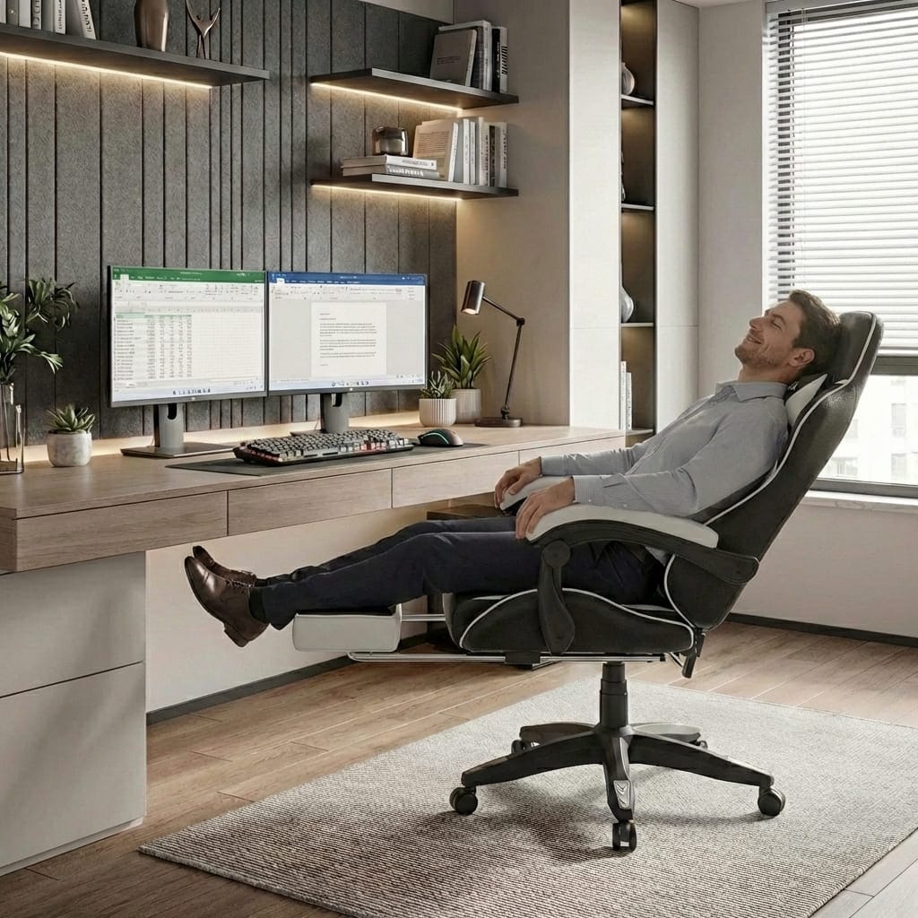 Homme se relaxant sur une chaise gaming ergonomique avec dossier incliné à 155 degrés et repose-pieds déplié.