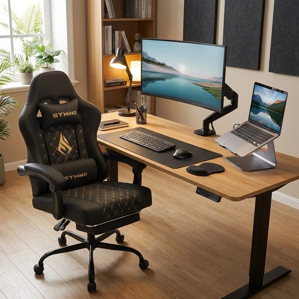 Chaise gaming ergonomique SYMINO noire et dorée intégrée dans un setup de bureau moderne avec bureau assis-debout.