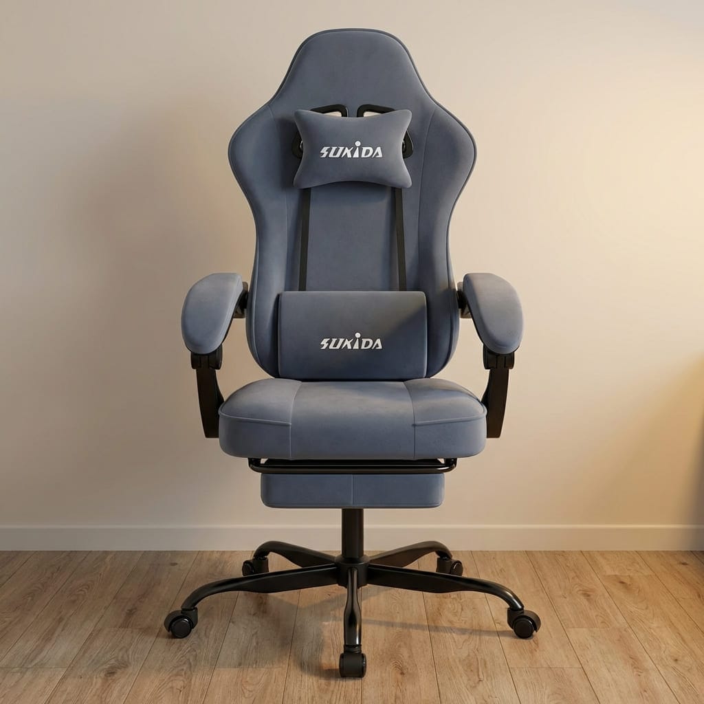 Vue de face de la chaise gaming SUKIDA en tissu bleu avec coussins lombaires.