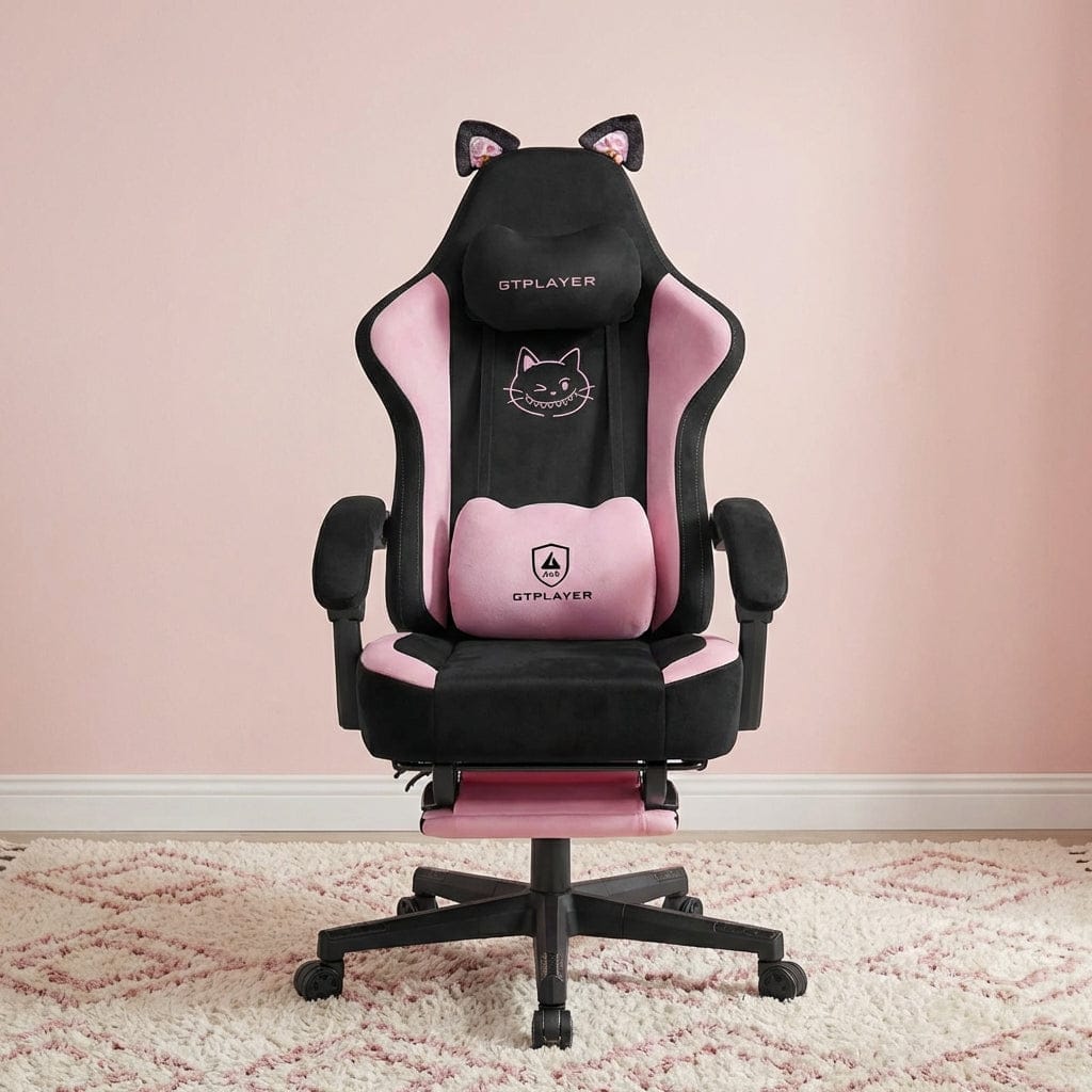 Vue de face de la chaise ergonomique Neko-Pro, coloris noir et rose avec oreilles de chat.