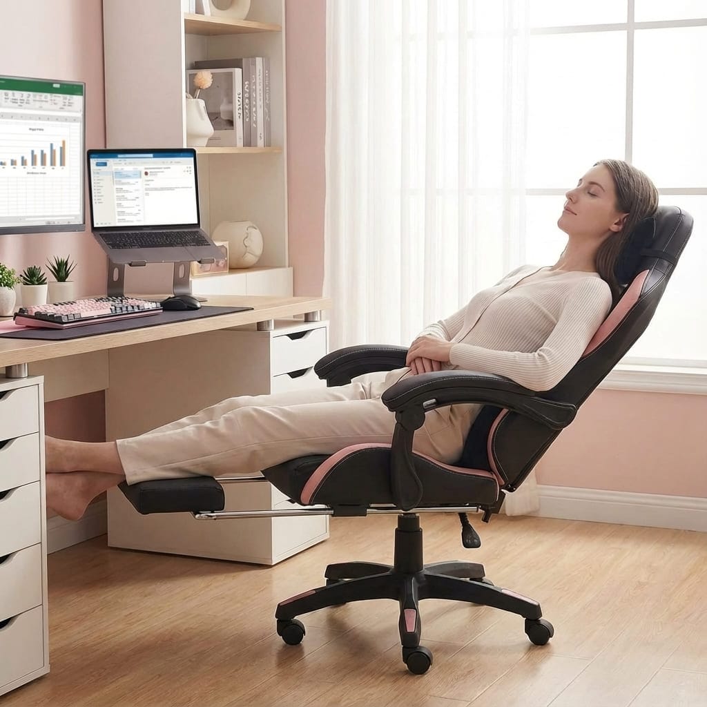 Femme relaxée sur la chaise gaming inclinée avec repose-pieds déployé pour une pause détente.
