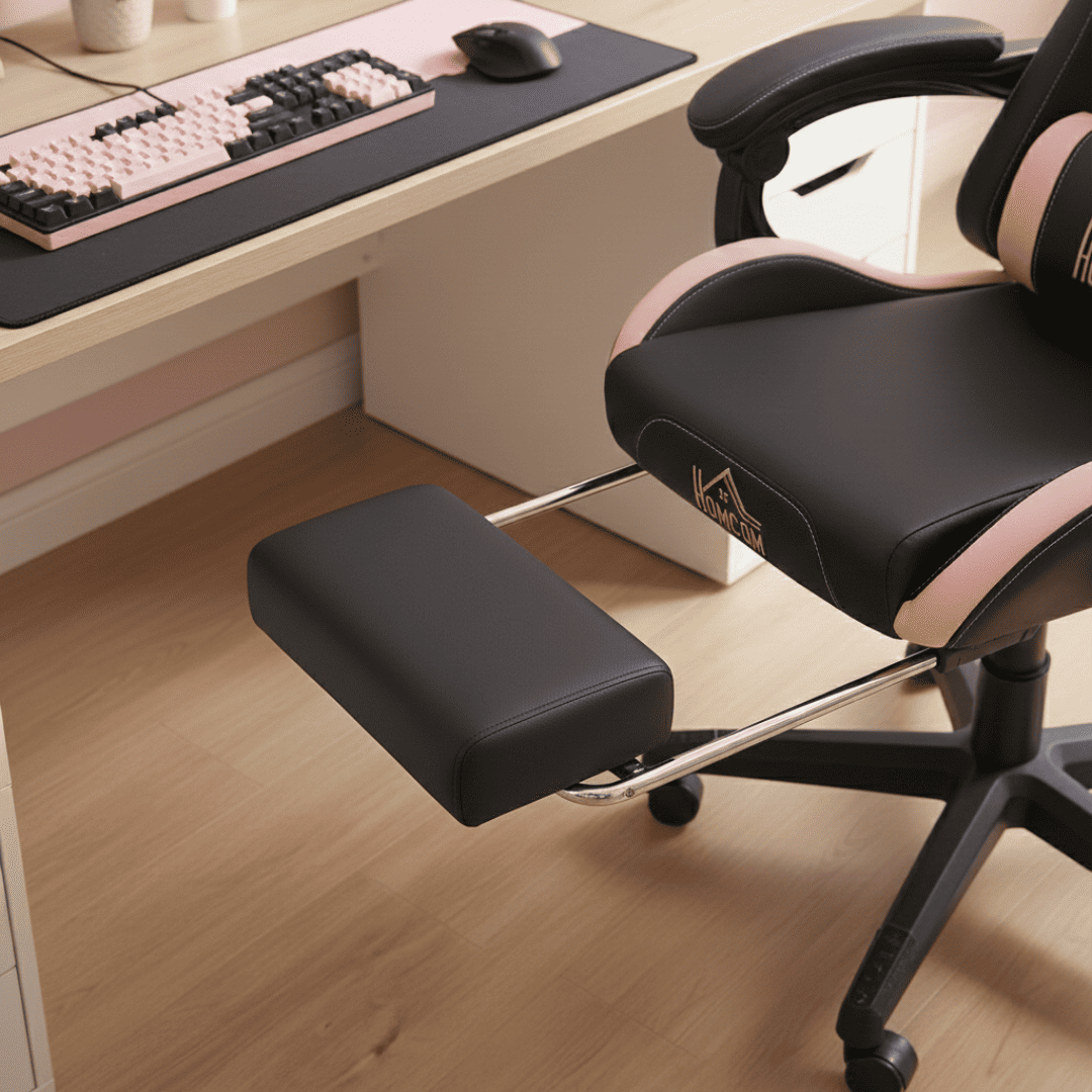 Focus sur le repose-pieds rétractable rembourré et la base robuste de la chaise gaming ergonomique.