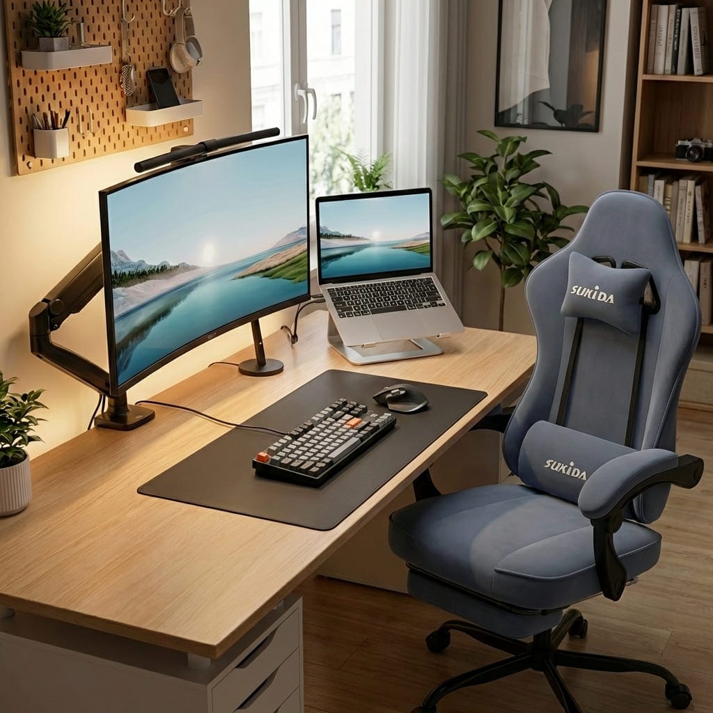 Chaise gaming ergonomique SUKIDA en tissu bleu dans un setup de bureau moderne.