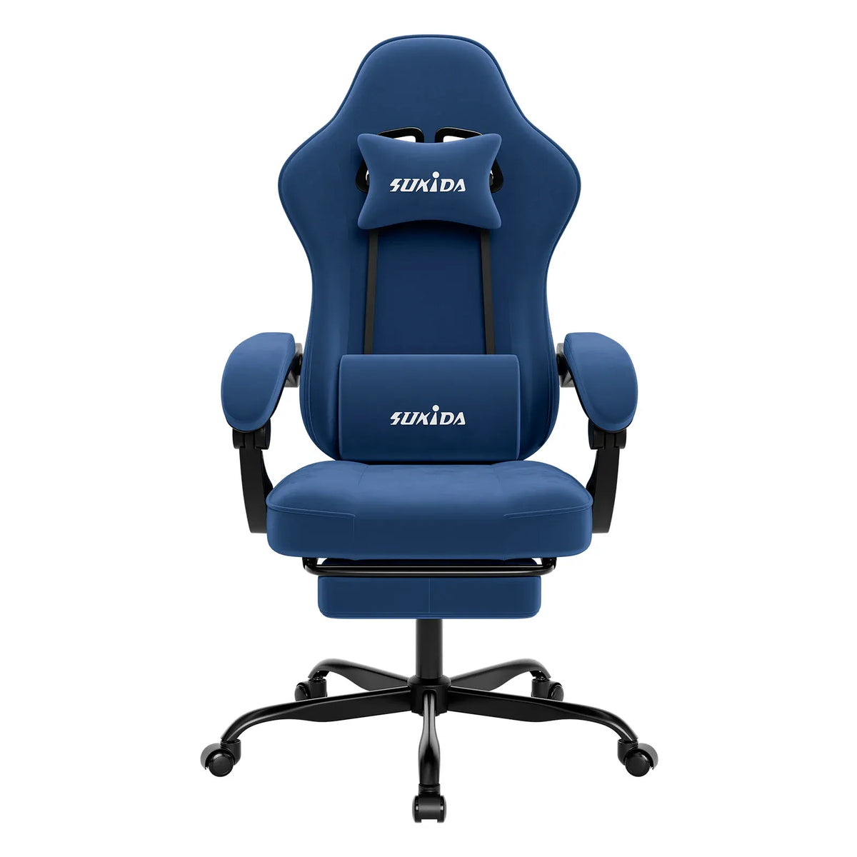 Chaise gaming ergonomique SUKIDA bleu avec coussin de massage et repose-pieds rétractable.