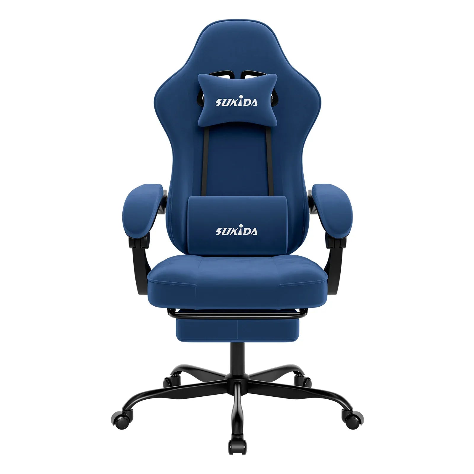 Chaise gaming ergonomique SUKIDA bleu avec coussin de massage et repose-pieds rétractable.