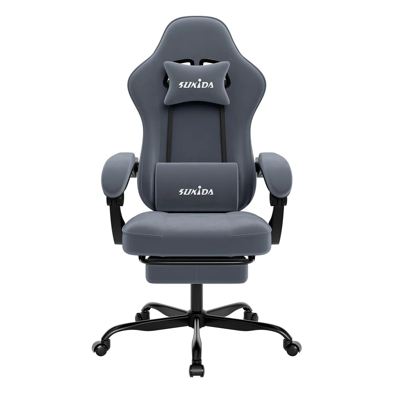 Chaise gaming ergonomique SUKIDA grise avec coussin de massage et repose-pieds rétractable.