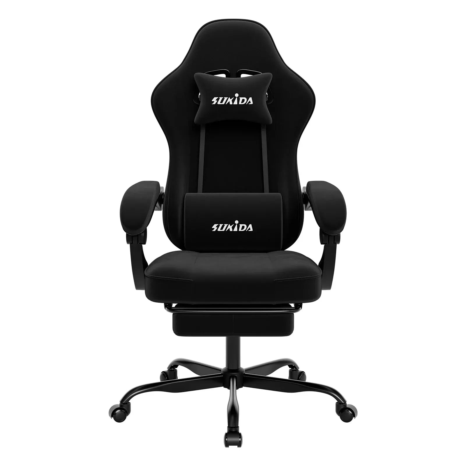 Chaise gaming ergonomique SUKIDA noire avec coussin de massage et repose-pieds rétractable.
