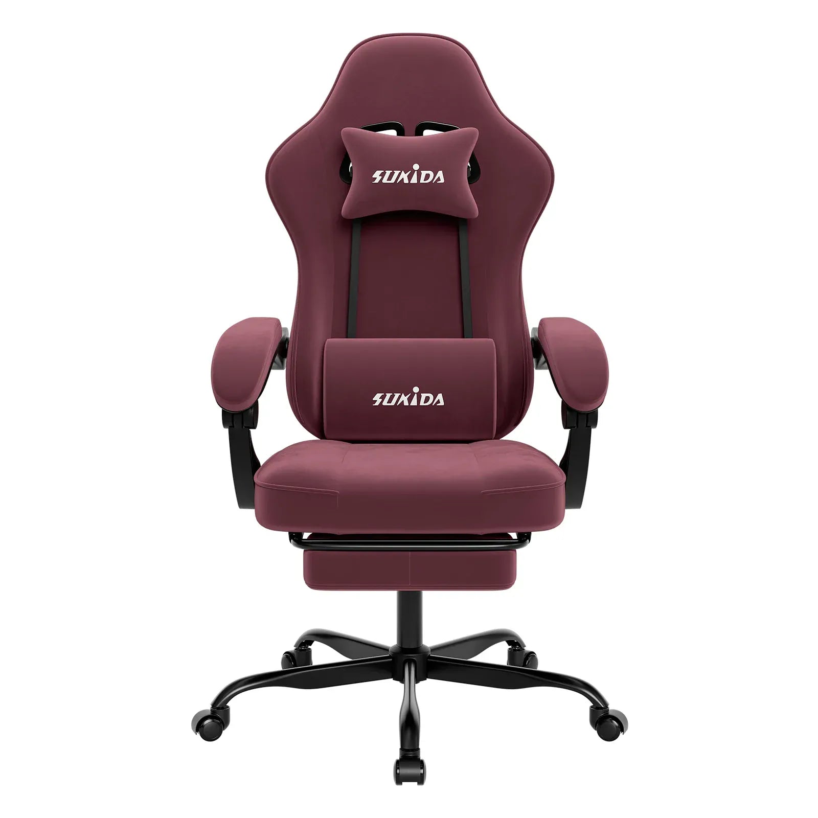 Chaise gaming ergonomique SUKIDA rouge avec coussin de massage et repose-pieds rétractable.
