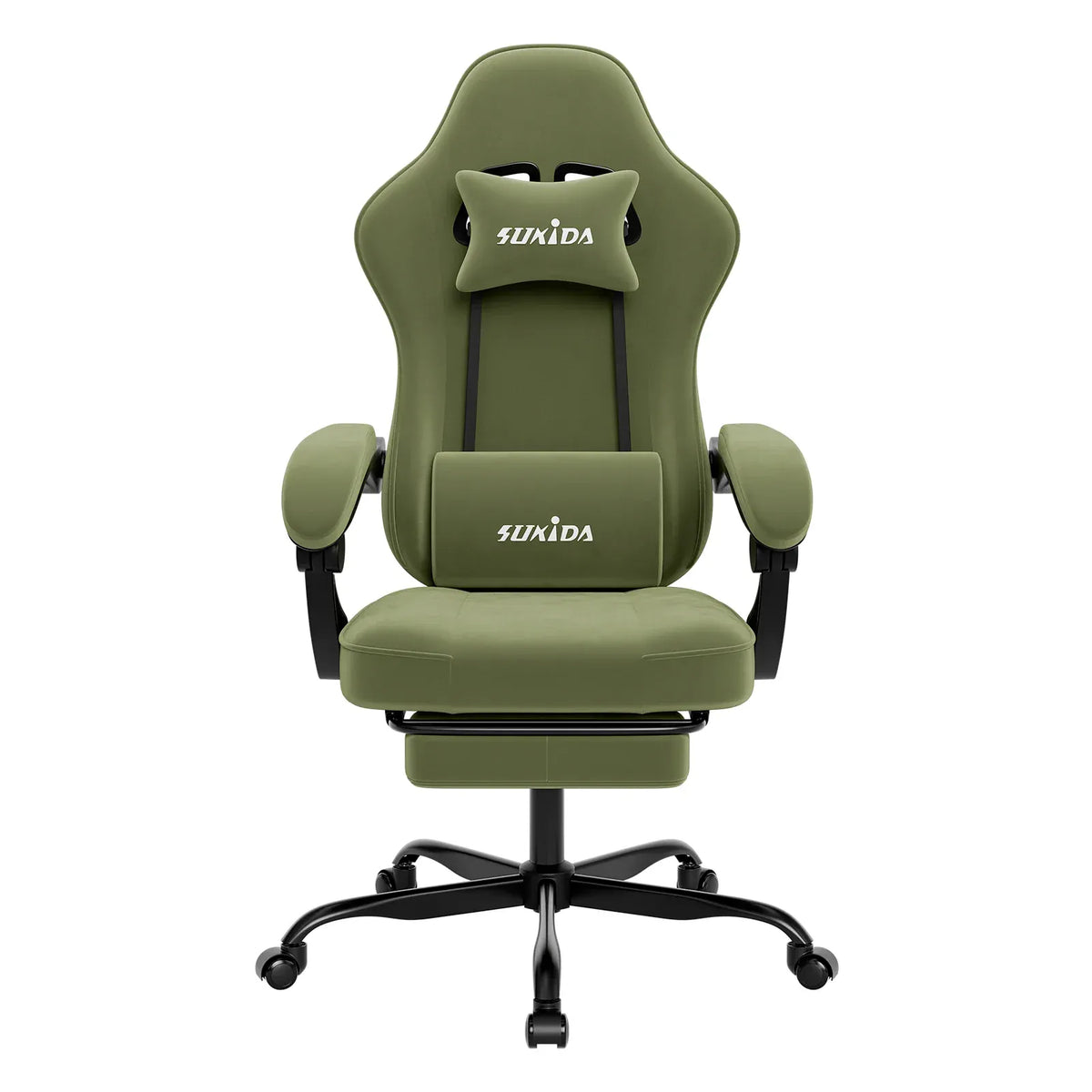 Chaise gaming ergonomique SUKIDA verte avec coussin de massage et repose-pieds rétractable.