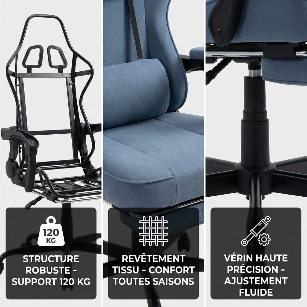 Détails de la structure robuste 120kg, du revêtement tissu et du vérin de précision.