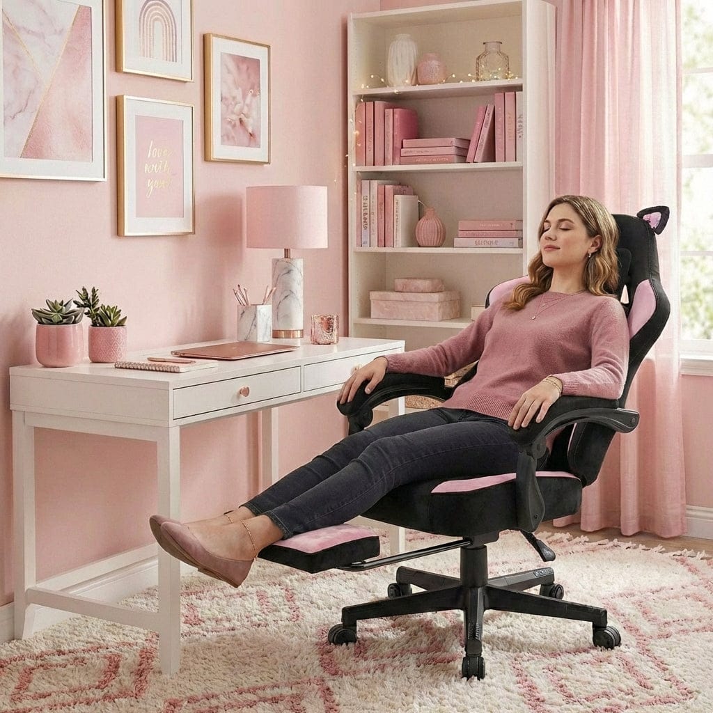 Femme se relaxant sur la chaise ergonomique Neko-Pro inclinée avec repose-pieds sorti.