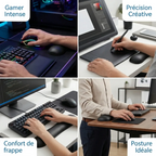 Collage infographique montrant 4 scénarios d'utilisation pour le repose-poignet de souris ErgoGlide : pour le jeu intense, la création graphique, la frappe confortable et la posture debout.