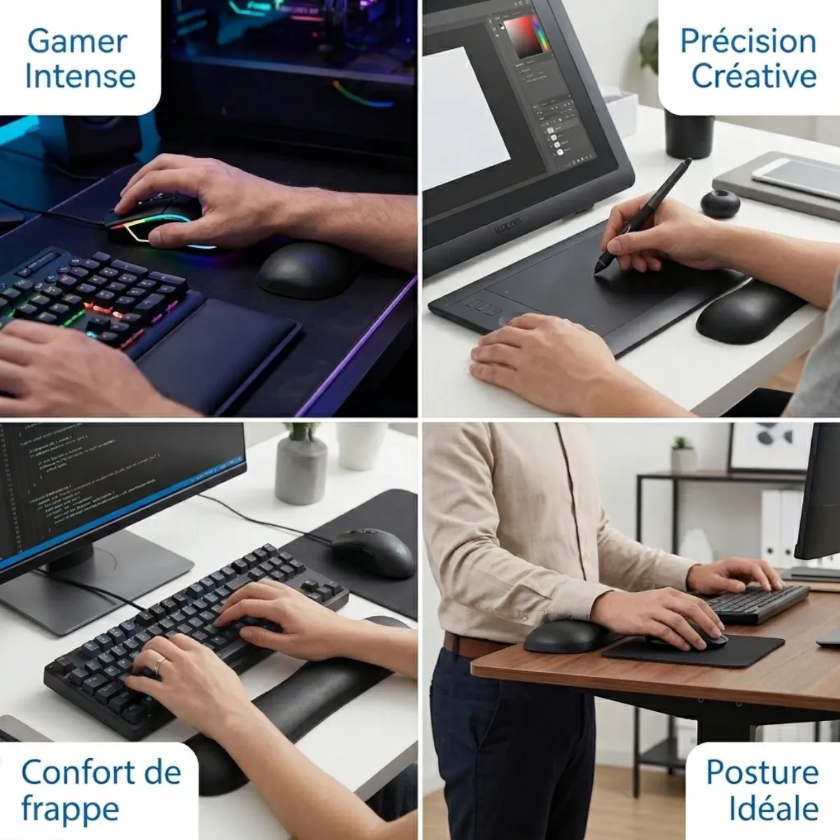 Collage infographique montrant 4 scénarios d'utilisation pour le repose-poignet de souris ErgoGlide : pour le jeu intense, la création graphique, la frappe confortable et la posture debout.