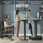 Comparaison des hauteurs du bureau : position assise (70cm), debout (116cm) et compatible avec tapis de marche.