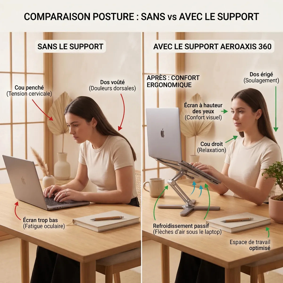 Infographie comparative avant/après en français illustrant la correction de la posture et le soulagement des tensions cervicales.