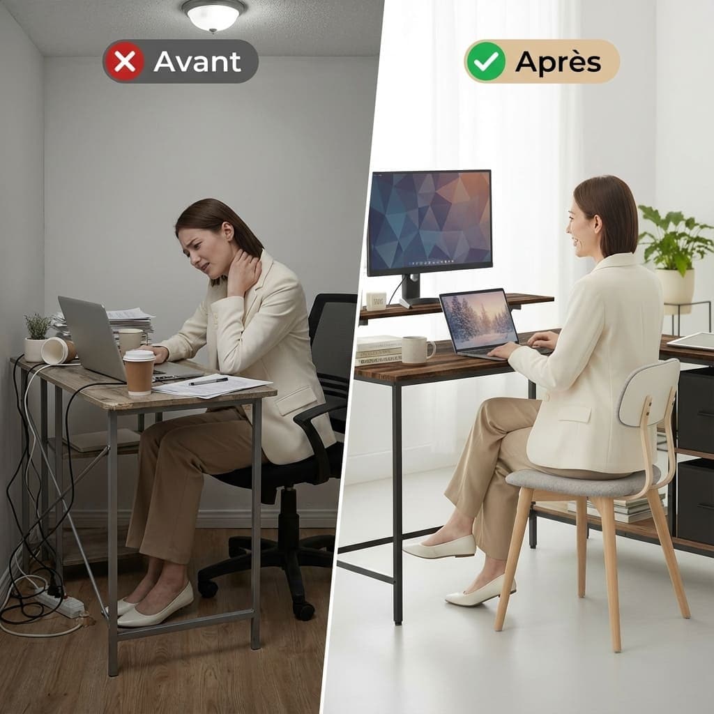 Comparatif avant après avec le bureau ergonomique industriel avec support élévateur écran intégré