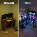 Comparatif avant et après l'utilisateur d'un bureau LED avec rangements.