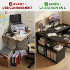 Montage comparatif montrant un bureau droit encombré versus le bureau d'angle noir parfaitement organisé