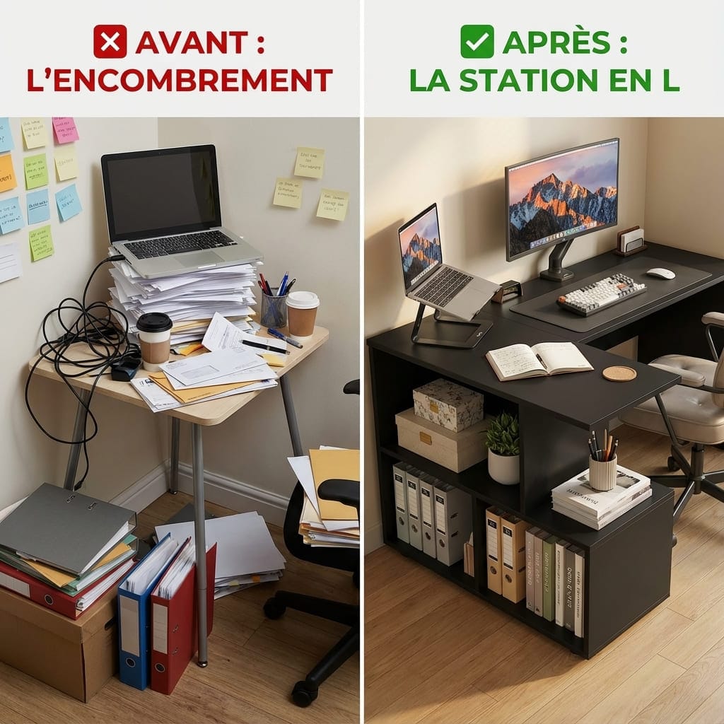 Montage comparatif montrant un bureau droit encombré versus le bureau d'angle noir parfaitement organisé