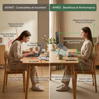 Vue comparative avant après montrant la correction de la posture cervicale et le soulagement des poignets grâce au socle PC ergonomique.