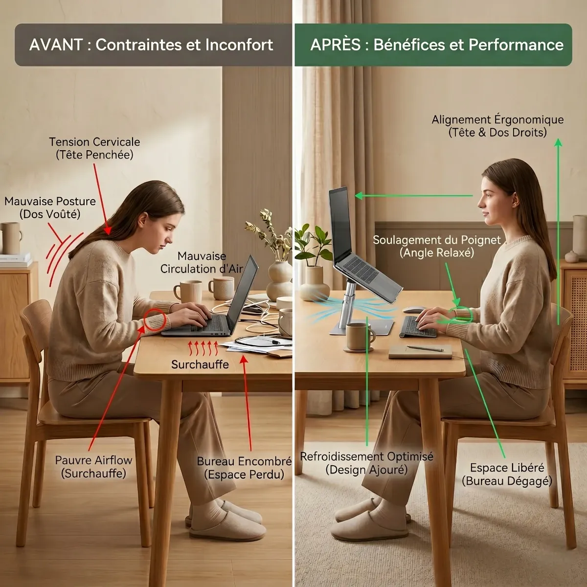 Vue comparative avant après montrant la correction de la posture cervicale et le soulagement des poignets grâce au socle PC ergonomique.