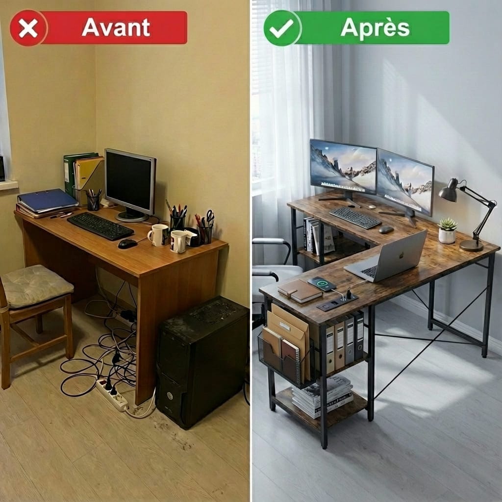Comparaison avant-après entre un petit bureau encombré de câbles et un bureau d'angle industriel modulable en L avec hub électrique intégré, double écran, tour PC sur étagère et gestion de câbles optimisée.