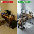 Comparaison avant-après entre un petit bureau encombré de câbles et un bureau d'angle industriel modulable en L avec hub électrique intégré, double écran, tour PC sur étagère et gestion de câbles optimisée.