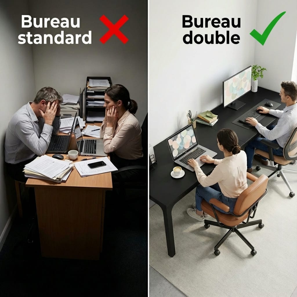 Comparatif avant-après entre un bureau standard encombré et stressant et un grand bureau double design et organisé pour deux personnes.