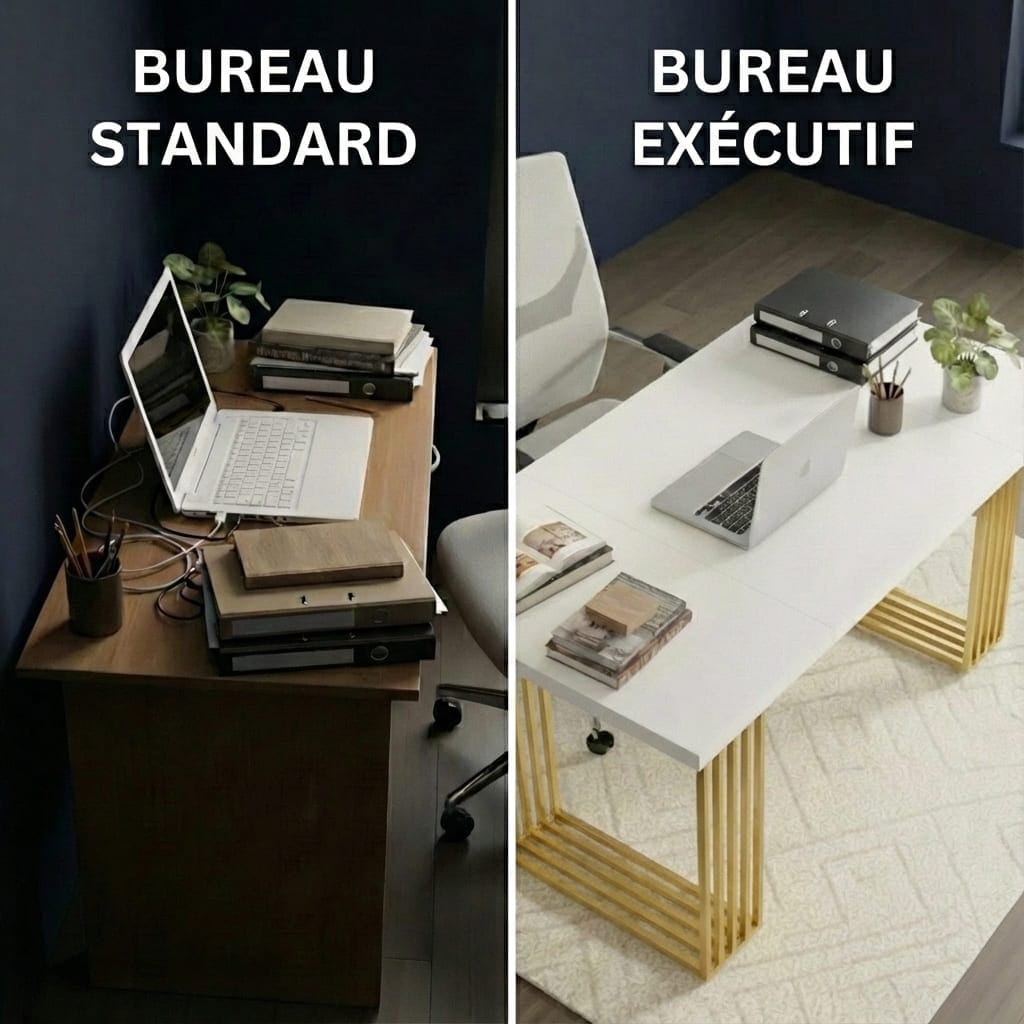 Comparatif entre un bureau standard encombré et le bureau exécutif moderne 180cm avec plateau blanc et piètement doré architectural.