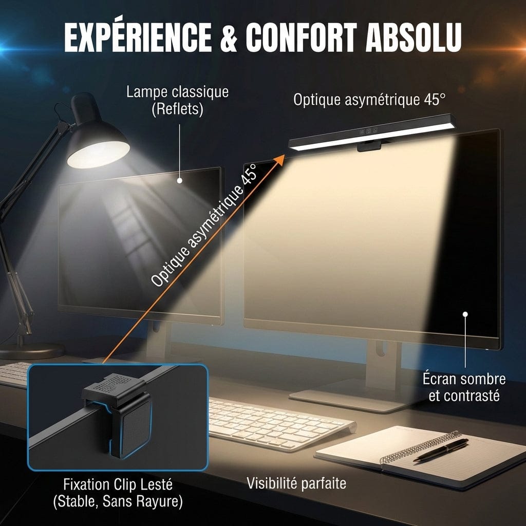Comparaison entre une lampe classique avec reflets et l'optique asymétrique 45° de la Screenbar VIZION 40cm.