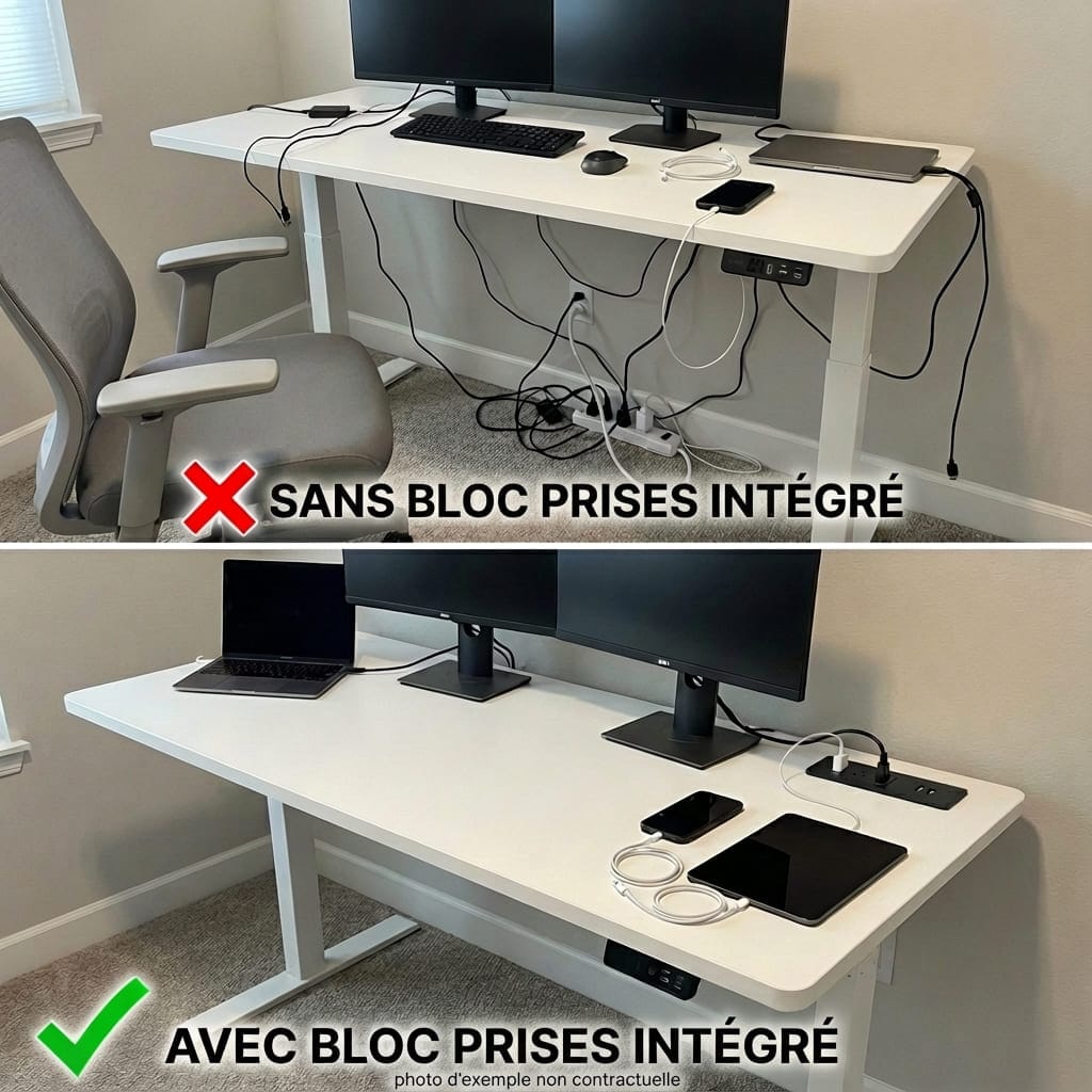 Comparatif avant/après montrant l'organisation des câbles grâce au bloc de prises intégré du bureau ergonomique.