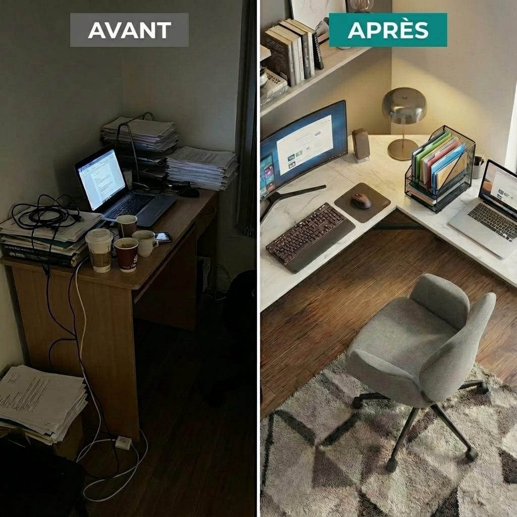 Montage comparatif montrant à gauche un petit bureau encombré et sombre, et à droite le bureau d'angle en L spacieux, lumineux et parfaitement ordonné.