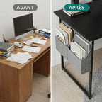 Comparaison avant/après montrant l'optimisation de l'espace grâce au système de rangement intégré du bureau compact.