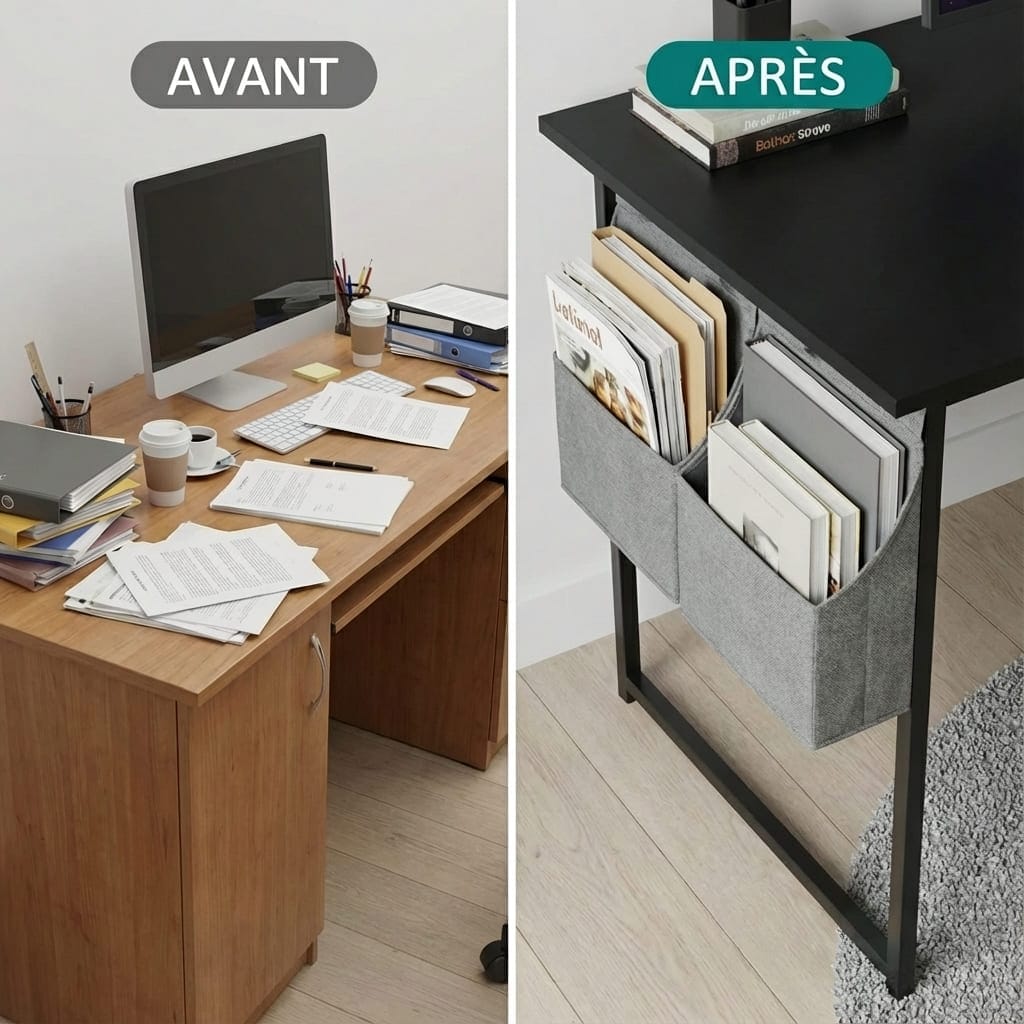 Comparaison avant/après montrant l'optimisation de l'espace grâce au système de rangement intégré du bureau compact.